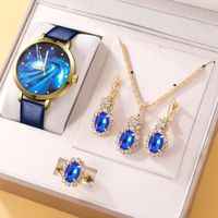 Ensemble 5 pcs Montre Ciel étoilé luxe Femme élégante bleu et Magnifique parure assortie collier boucles oreilles bague cadeau
