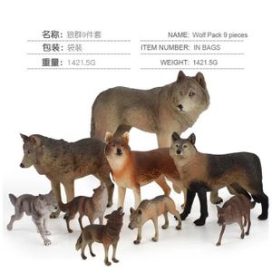 FIGURINE - PERSONNAGE Ensemble de 9 pièces - Ensemble de 9 figurines d'animaux sauvages en PVC, Loup gris, Simulation solide, Jouet
