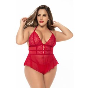 BODY Body rouge grande taille effet babydoll et string assorti - MAL7445XRED - Couleur : Rouge Taille : 1X2X