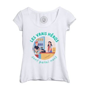 T-SHIRT T-shirt Femme Col Echancré Blanc Les Vrais Héros - Caissière Vendeuse Métier