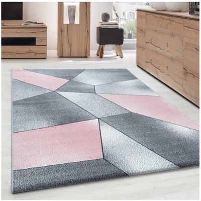 Tapis Moderne Designer Poils Ras Design Géométrique Gris Rose Blanc 160x230 Cm