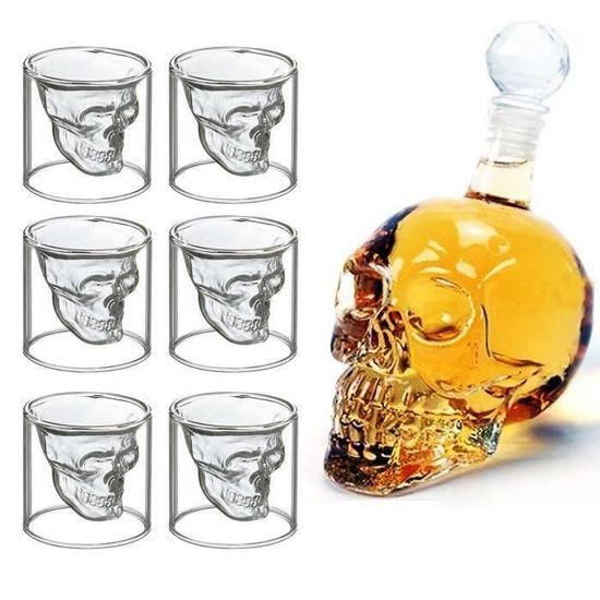 Verres à Whisky Design Tete de Mort 700ML en Verre Cristal Transparent, Carafe Avec 6 Verres à Cocktail Vodka