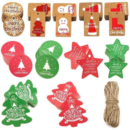 Lot De 160 Étiquettes Cadeaux Noël Papier Kraft - Arbres De Noël & Étoiles Avec Ficelle - Rouge Vert Marron Blanc