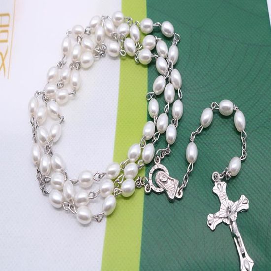CHAPELET,8x9Chapelet blanc en perles de cristal, collier croisé en cristal Collier de prière