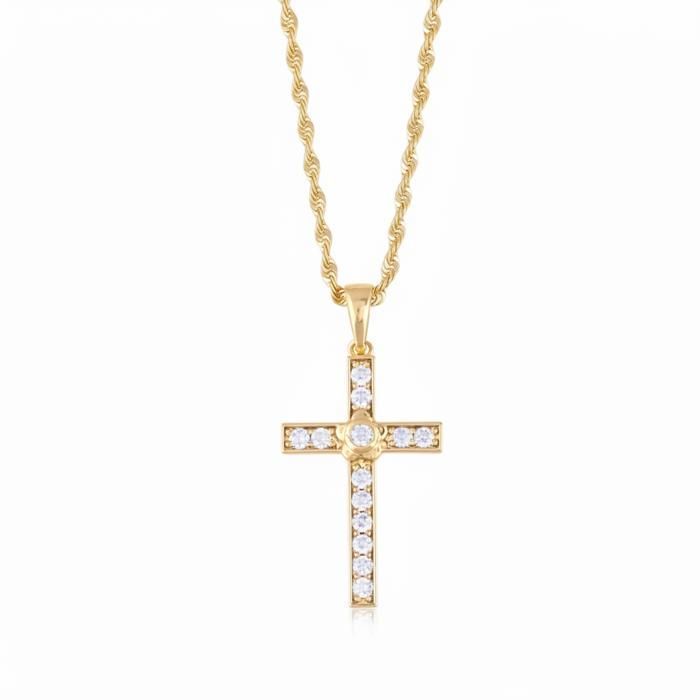 Pendentif croix visage de Jésus plaqué or 14 carats - Collier chrétien élégant pour femme - France