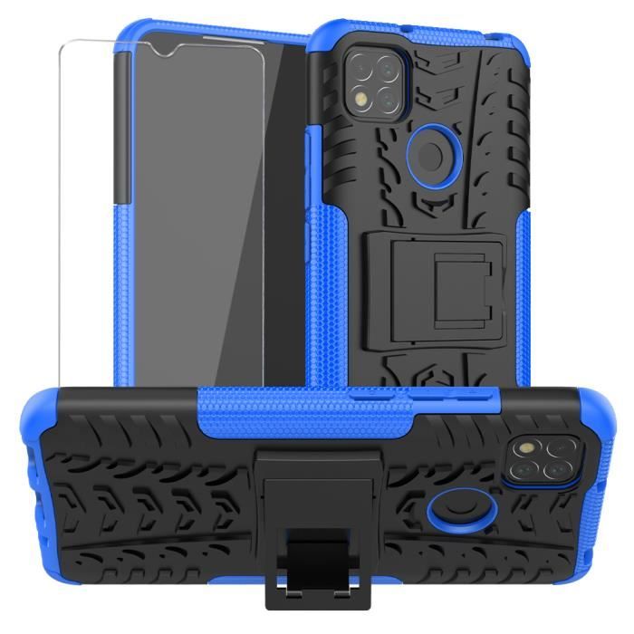 Coque Xiaomi Redmi 9C / Redmi 9C NFC + Verre Trempé, TPU Robuste en Silicone Étui PC Hybrid Double Layer Housse - Blue.
