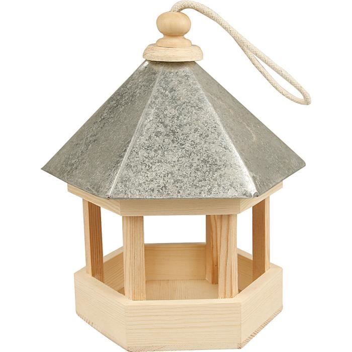 Mangeoire traditionnel pour oiseaux, hexagonale et solide avec toit en zinc et système d'accrochage. réf 577300