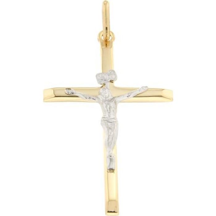 Pendentif Croix Bicolore Avec Jésus En Or 375/1000 + Chaîne Offerte