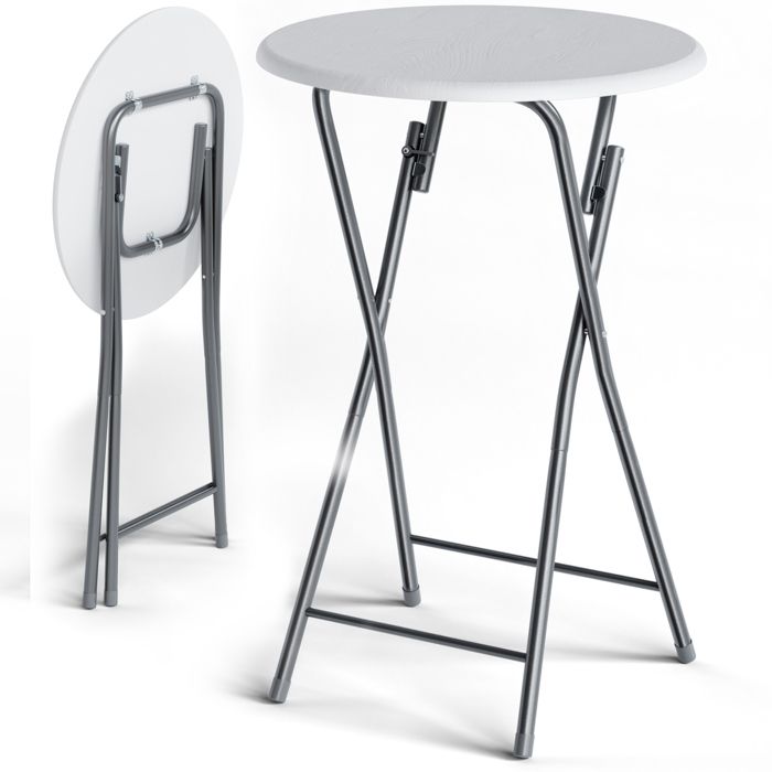 Table haute pliable blanc Ø 60cm métal décor en bois plateau table MDF table de jardin bar bistrot balcon anniversaires