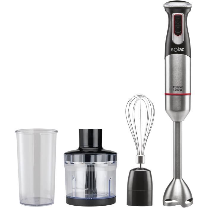 SOLAC ProChef 1200 - Mixeur plongeant & accessoires 1200 W - Fonction Turbo - Lame et pied en acier inoxydable - Gris, noir et rouge