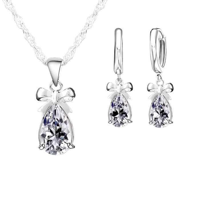 Parure Bijoux - Femme - Noeud - Goutte - Cristal - Autrichien - Blanc - Argent 925/1000 - 4 Pièces