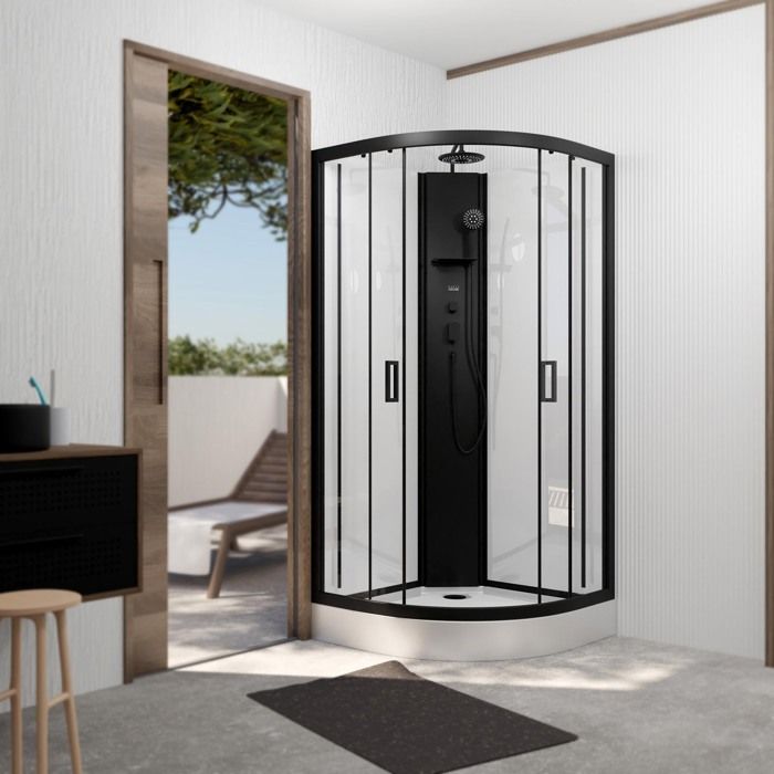 Cabine de douche 1/4 de cercle 85x85x210/235 cm - Receveur + Fonds Blancs / Colonne + Profilés Noirs Cabine de douche 1/4 de cercle 85x85x210/235 cm - Receveur + Fonds Blancs / Colonne + Profilés Noirs