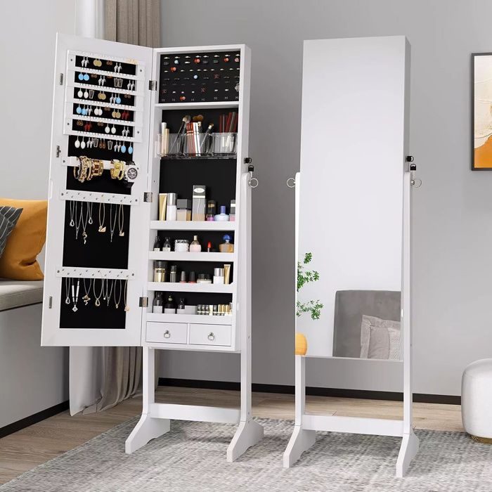 2 en 1 Armoire à bijoux - étagère à échelle Armoire à bijoux Miroir Étagère à bijoux 152x41x36.5cm Blanc