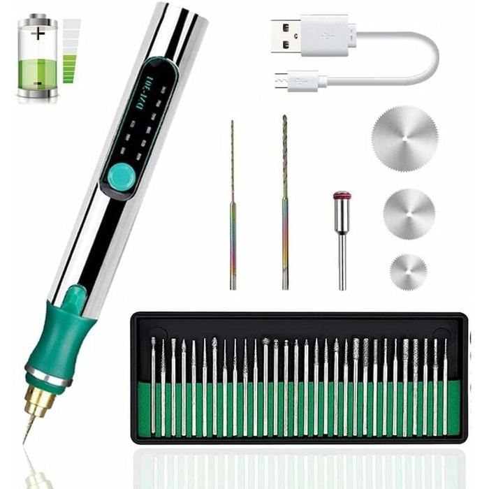 Stylo Graveur Électrique USB Rechargeable 3 Vitesses – Kit 30 Embouts Pour Bois Métal Verre Bijoux Bricolage
