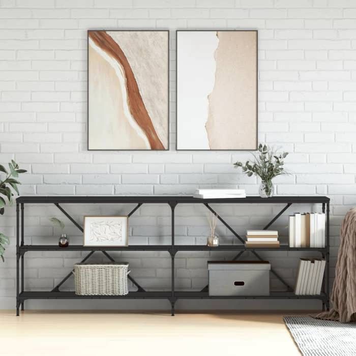 Table Console Noir 200x30x75cm Bois D'ingénierie et Fer étagère de ...