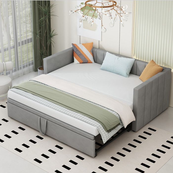 Canapé-lit convertible 90/180x200 cm avec sommier à lattes Lit simple avec lit gigogne en tissu velours teddy Gris