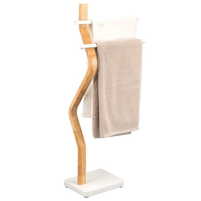 Porte-serviettes sur pied eluno 2 barres en bois et métal blanc