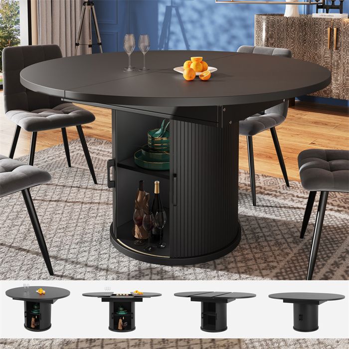 Table Ovale Salle à Manger Table Ronde Extensible Noir Table a Manger Ronde Extensible 6 Personnes Rangement Plateau Modulable