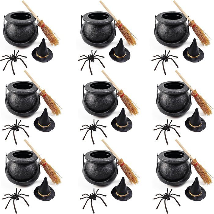 Ensemble de 9 mini chaudrons de sorcière pour Halloween - avec araignée balai et chapeau de sorcière pour la décoration