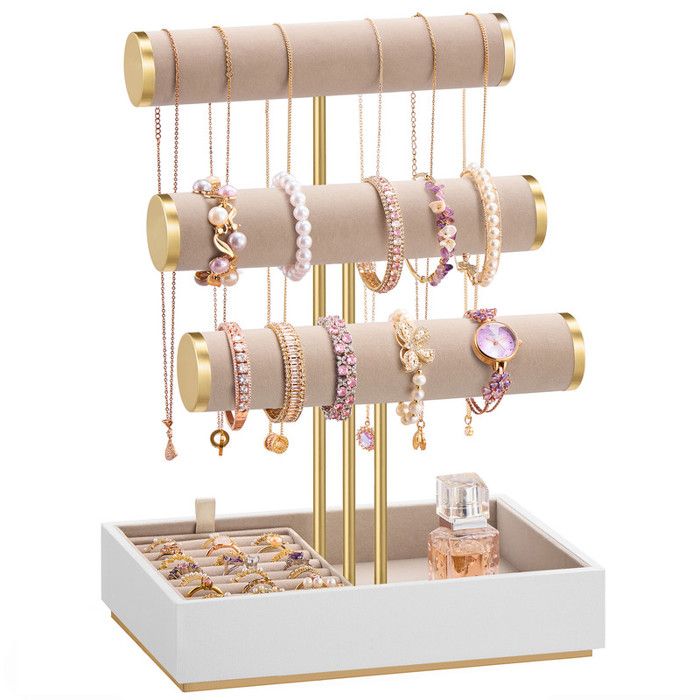 Support à Bracelets - SONGMICS - 3 Niveaux - Velours Blanc Nuage - Marron Camel
