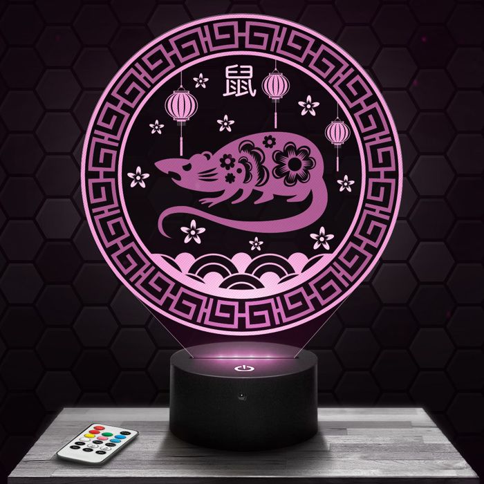 Lampe 3D - Rat Signe Astro Chinois - Accessoire Objet Cadeau Astrologie - Veilleuse Led Tactile avec socle au choix