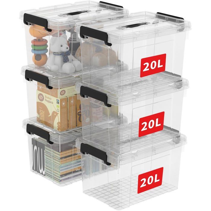 Bac de rangement Cetomo 20L - Lot de 6, transparent, empilable avec ...