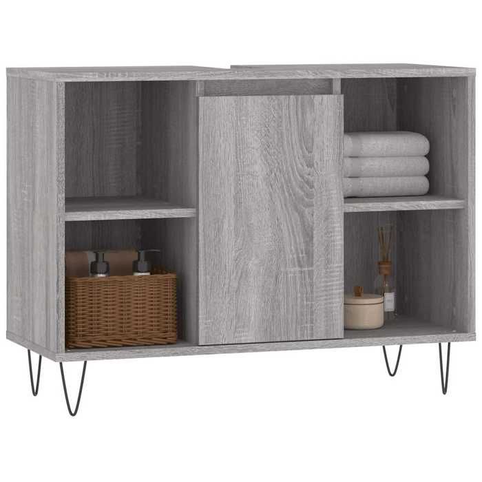 Armoire de salle de bain - vidaXL - Sonoma gris - Bois dingénierie - 80x33x60 cm - Pieds en fer - 4 étagères