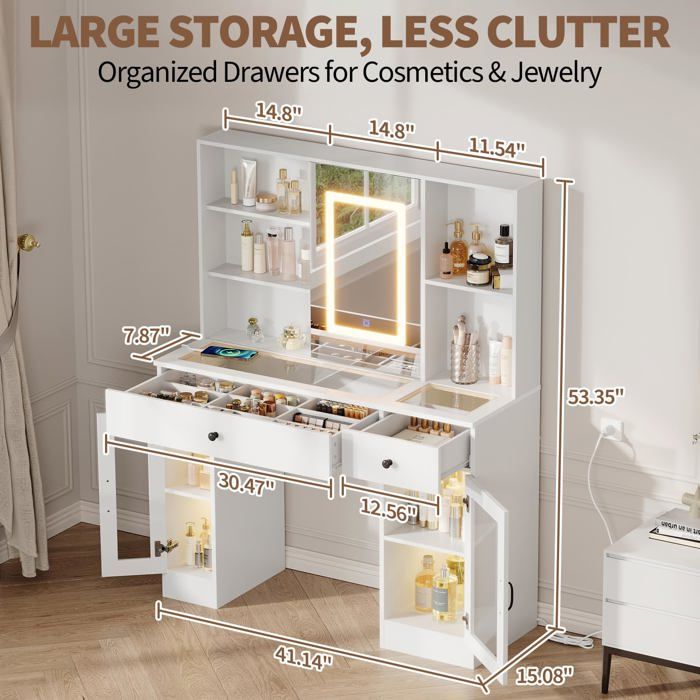 Coiffeuse avec Miroir LED Réglable 2 Prise et Port USB 2 Tiroirs de Rangement en verre 105 x 38 x 136 cm Blanc