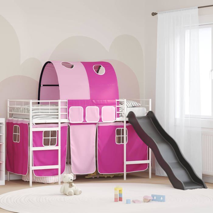 Lit loft enfant avec toboggan - vidaXL - Blanc et Rose - 80x194x116 cm - Acier robuste - Rideaux et arche