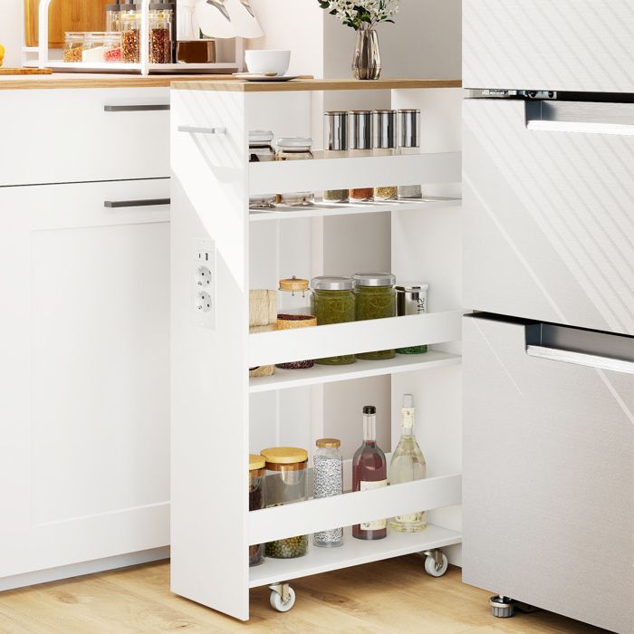 GIANTEX Desserte de Cuisine Étroit à Roulettes- 475x20x805cm- Station de Charge- Chariot de Service à 4 Niveaux- Blanc + Naturel