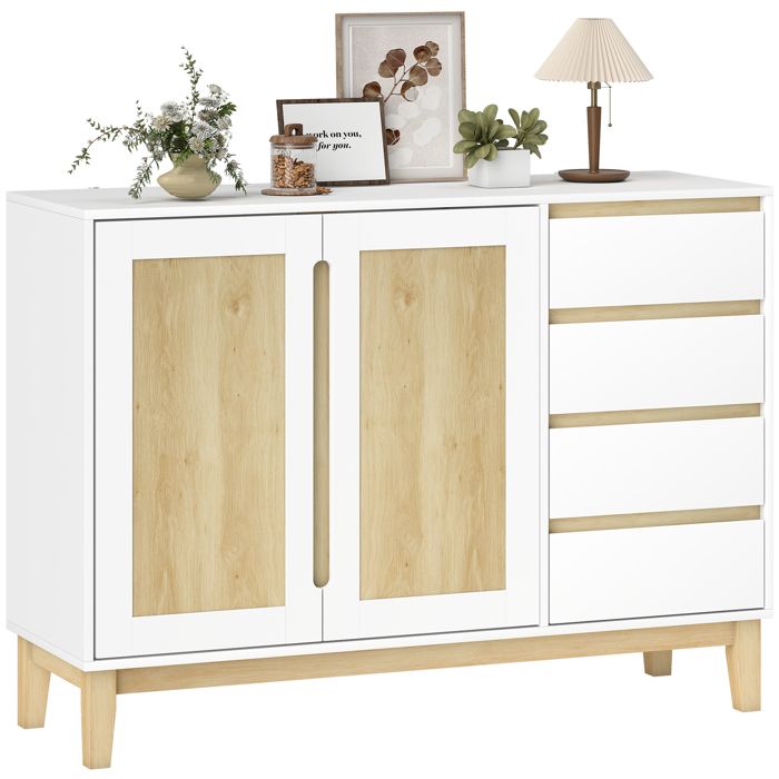 Buffet - HOMCOM - 2 portes et 4 tiroirs étagère réglable - pieds en bois de caoutchouc - 120 x 40 x 86 cm - blanc et chêne
