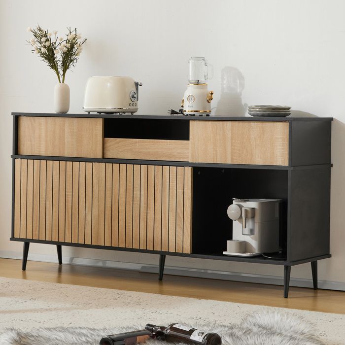 Buffet 160x40x80 cm armoire portes coulissantes et tiroir panneau de particules noir couleur naturelle