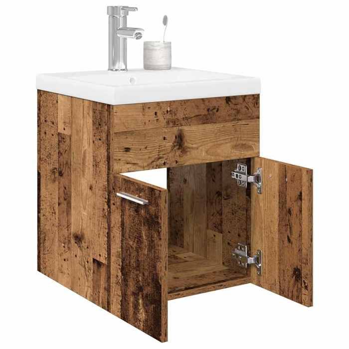 Brun Meuble sous évier SARAZYJ ARMOIRE DE LAVABO avec bassin et robinet intégrés vieux bois E2628