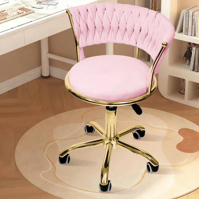 Tabouret de Bureau à Roulettes - Tabouret de Maquillage avec Dossier - Rotatif à 360° - Hauteur Réglable - 51x44x63-76 cm - Rose