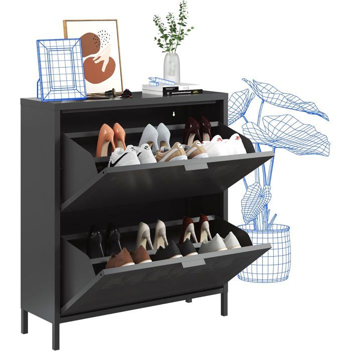 FlexiSpot Meuble à chaussures en métal avec 2 abattants - Conception avec trous daération et portes basculantes Noir