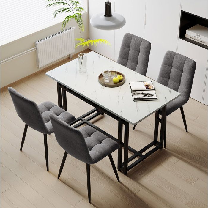 Ensemble table et chaises - 1pcs table à manger+4 chaises - velours - pieds en fer noir. 120x70 cm. gris