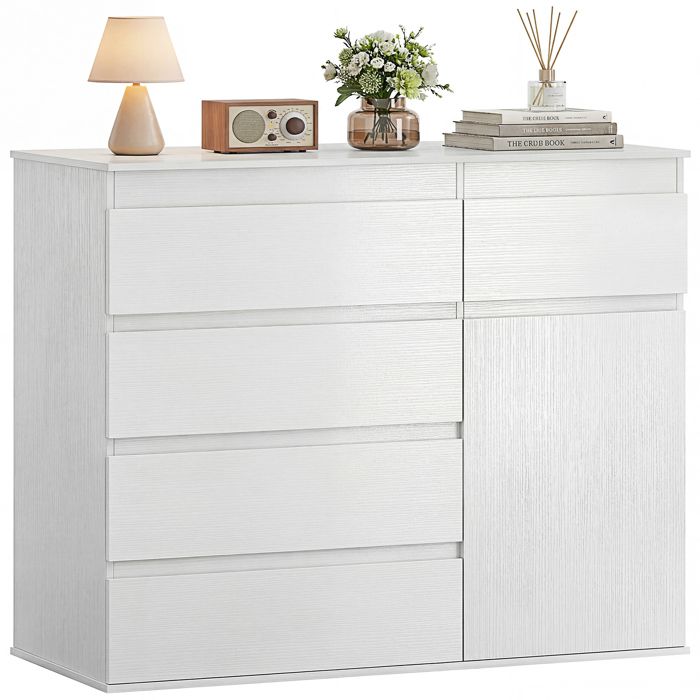 Commode - HOMCOM - 5 tiroirs étagère réglable et porte à fermeture douce - bois - 100 x 40 x 80 cm - blanc