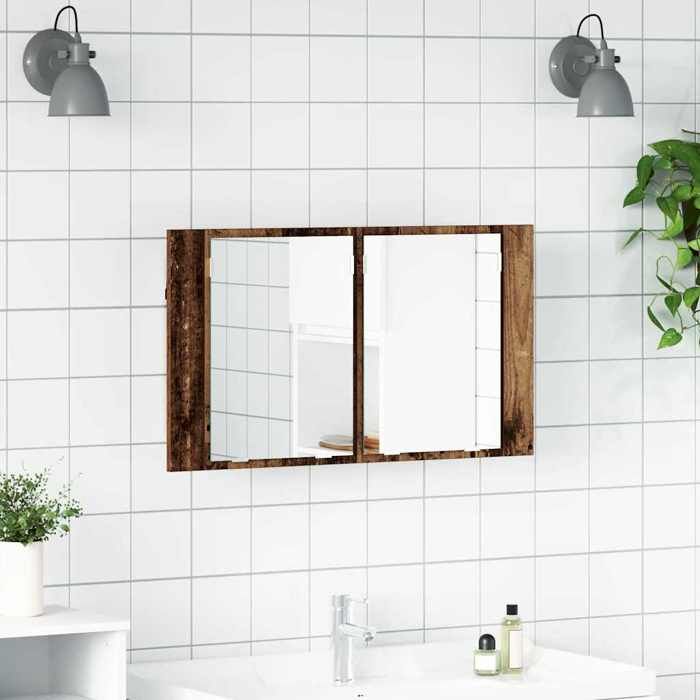 Meuble WC Marron - Armoire Miroir de salle de bain - Bois Ancien 80x12x45 cm A1634