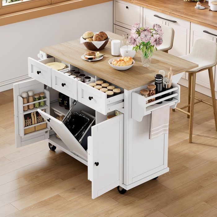 Îlot de cuisine extensible à roulettes Desserte de cuisine avec plan de travail 2 portes 3 tiroirs compartiment poubelle - blanc