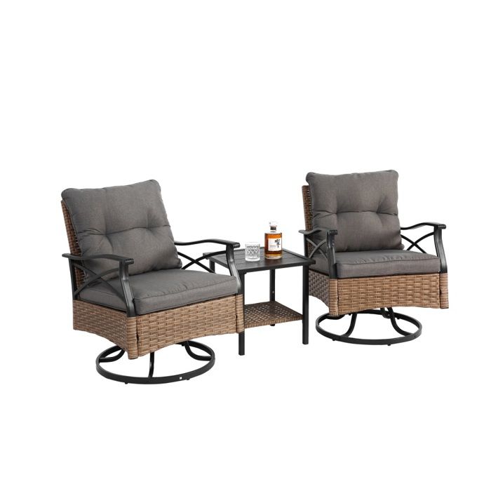 Ensemble Mobilier De Jardin Brun Et Gris Fauteuils À Bascule Pivotants Table Résine Tressée Supporte 159kg 64x58x82cm 46x46x48cm