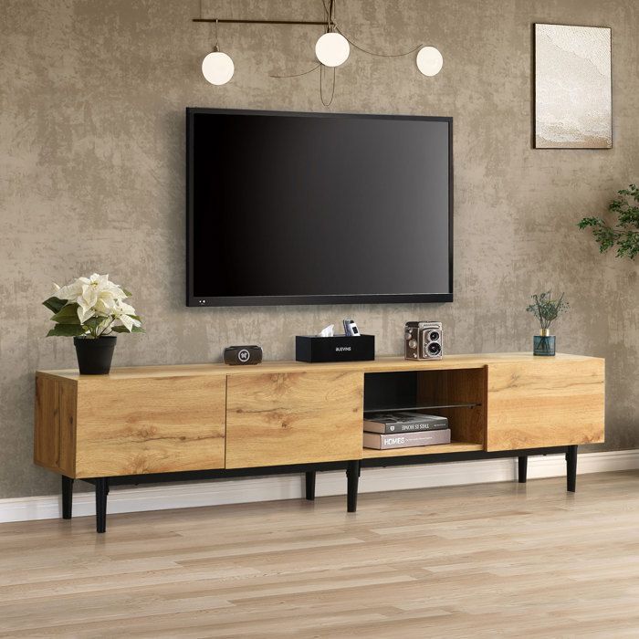 Meuble TV rectangulaire avec LED intégrées 3 portes grand rangement - TCQPZ - MDF - bois clair noir 175 × 31 × 41 cm