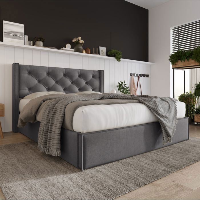 Lit coffre capitonné gris 160 x 200 cm avec sommier relevable