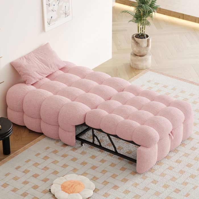 Lit une personne rembourré tissu Teddy canapé-lit extensible pouf 2-en-1 surface douce rose