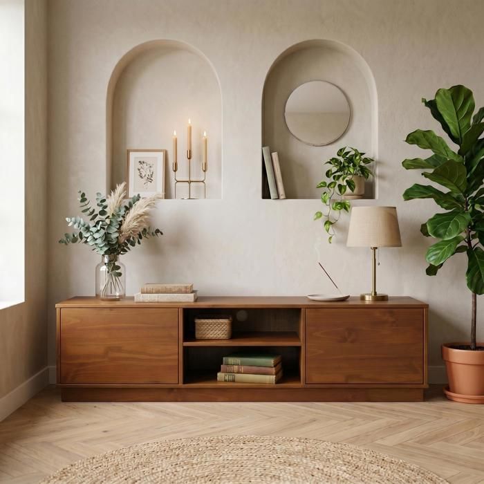 Meuble TV MAITE L 170 cm en Bois Massif Coloris Châtaignier avec 2 Portes et 2 Niches pour Télé jusqu’à 75 Portes Push-to-Open Meuble TV MAITE L 170 cm en Bois Massif Coloris Châtaignier avec 2 Portes et 2 Niches pour Télé jusqu’à 75 Portes Push-to-Open