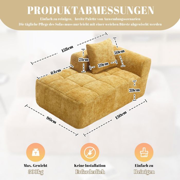 Canapé chaiselongue sans montage coussins moelleux poches latérales jaune soigné et élégant