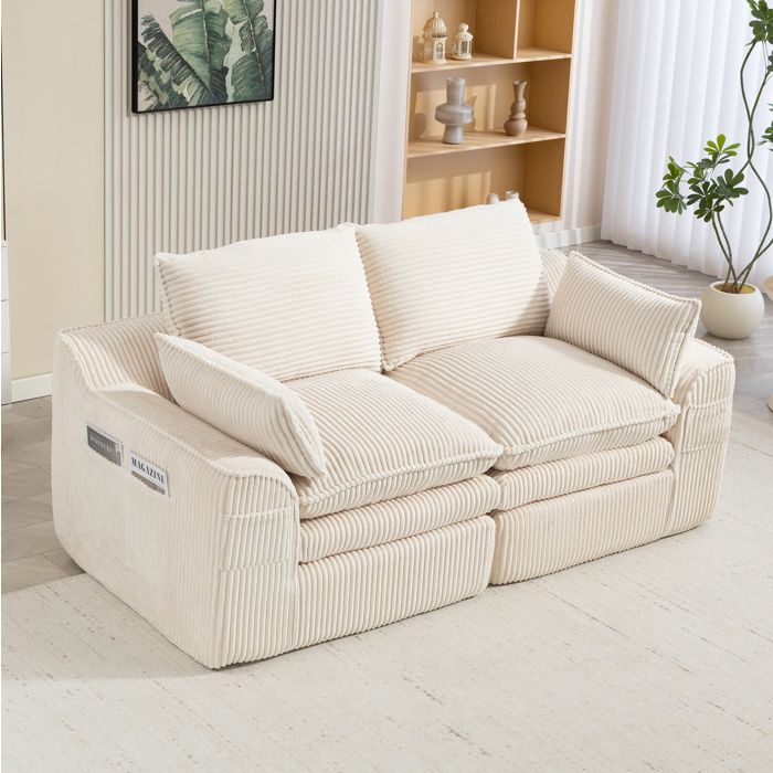 Canapé compressé 2 places en velours côtelé beige 191 x 94 x 85 cm avec coussins et poches latérales