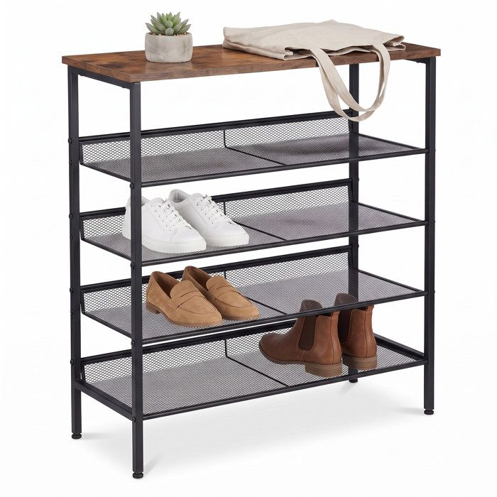 Relaxdays Étagère à chaussures Industrial 5 niveaux 81x75x30 cm métal noir/brun plateau aspect bois