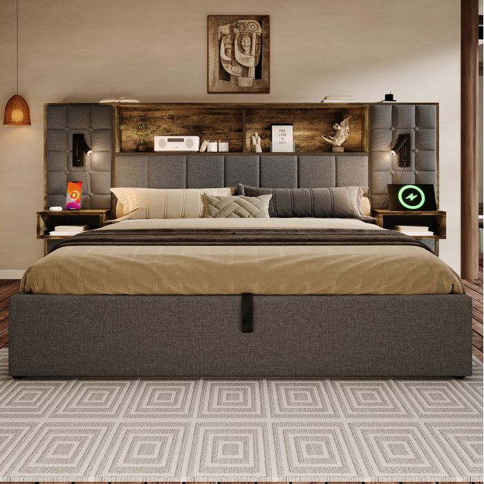 ROVRYN Lit coffre 180 x 200 cm gris avec sommier à lattes 2 liseuses 2 tables de chevet USB et Type-C