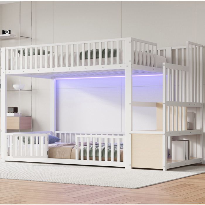 WOVREO Lit superposé bas 90 x 200 cm avec LED échelle de rangement métal et MDF blanc