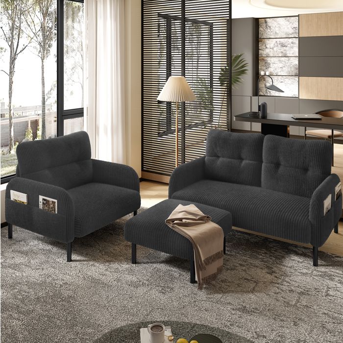 Canapé fixe 2 places AESVAR en velours côtelé gris avec dossier ergonomique poches latérales et pieds métal